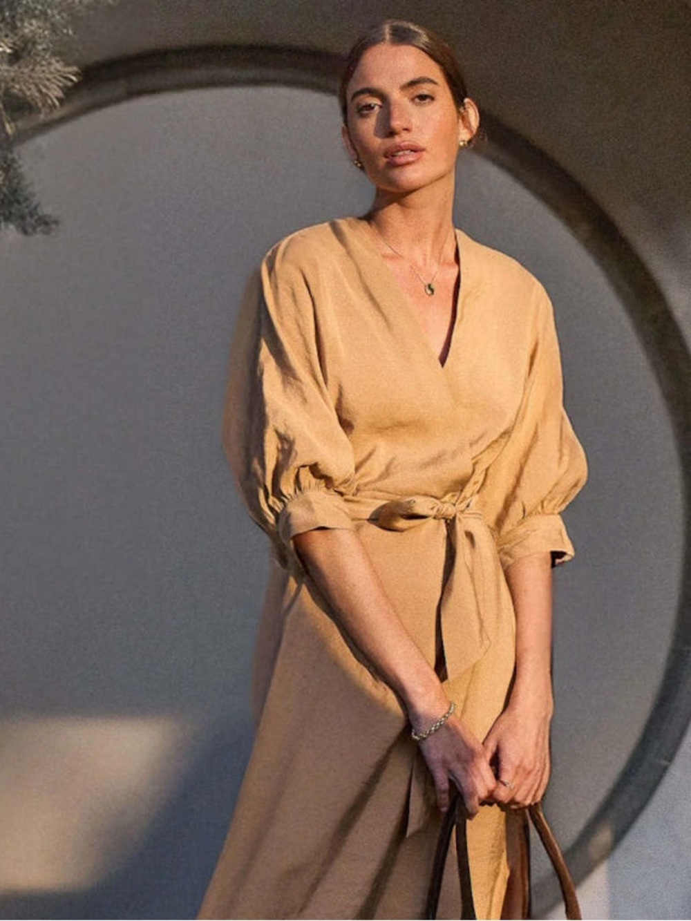 Brochu Walker LARGE Aurel mini belted Vneck dress in Sahara brown